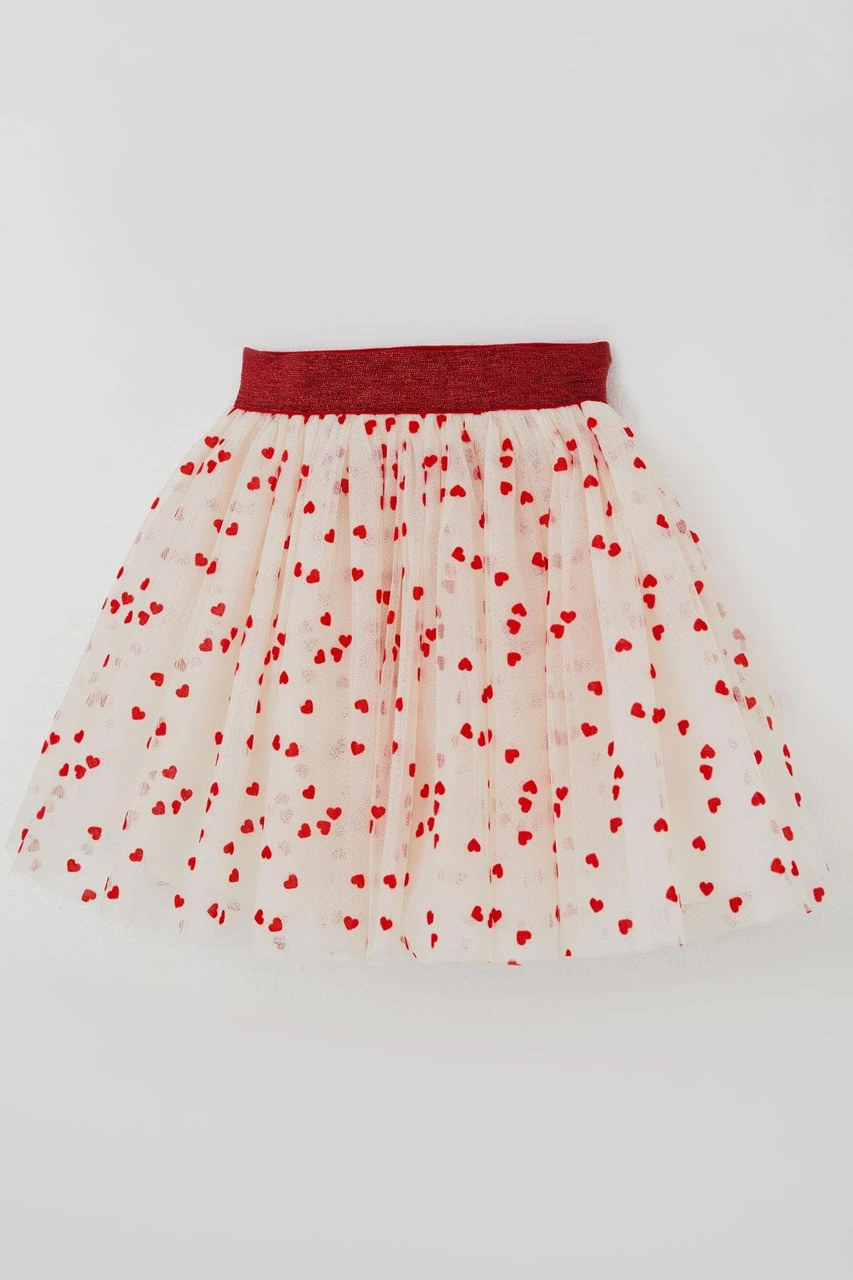 Breeze Kız Çocuk Tütü Etek Kalp Desenli Beli Lastikli 5-10 Yaş, Krem Krem