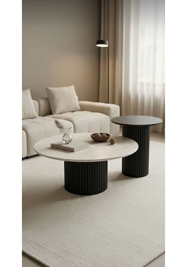 Most Bohem Orta Sehpa 2'li Set %100 Ahşap 85 Cm. Çap Siyah - Beyaz