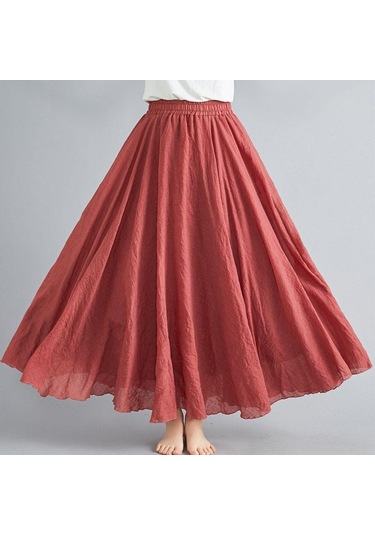 Yaz Sonbahar Kadın Etek Edebi Büyük Boy Pamuk Keten Yarım Etek Elastik Bel Keten A-line Etek Uzun Bölüm Saf Renk Rüzgar Salıncak Etek Tuğla Kırmızısı Kiremit