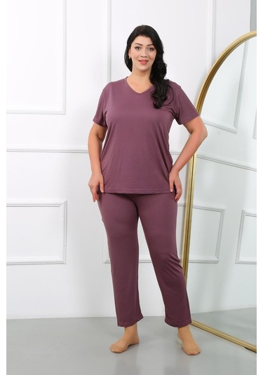 Akbeniz Kadın Büyük Beden Kısa Kol Penye Pijama Takımı Mürdüm 202405-mürdüm Mürdüm