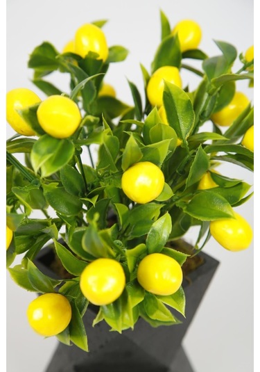 Siyah Beton Saksıda Limon Ağacı Yapay Ağaç Vazoda Yapay Bitki Kahverengi