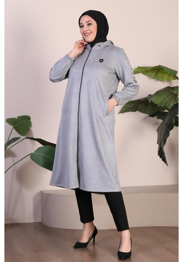 Kadın Büyük Beden Armalı Kapşonlu Kısa Diz Boy Tesettur Süet Pardesü