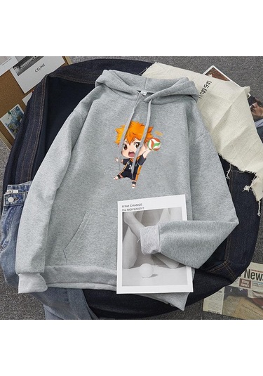 Kadın Moda Voleybol Manga Haikyuu Kapşonlu Harajuku Kawaii Kazak Sweatshirt Karikatür Baskı Anime Estetik Kapşonlu Sokak Giyimi Üst Gri