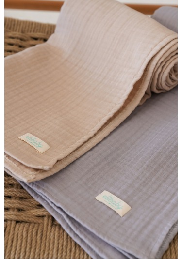 Pamuk 4 Katlı Müslin Battaniye Seti 2'li Bej ve Gri Bej Gri