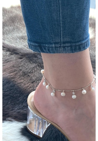 Doğal İnci Sallantılı Kadın Halhal Gümüş