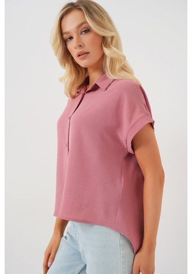 Gülsüm Aydın Oversize Kısa Kol Gömlek 20322 - Pembe Pembe