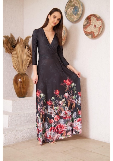 Darlin Moda Siyah Kruvaze Kırmızı Çiçek Desenli Abiye Elbise Dm1016