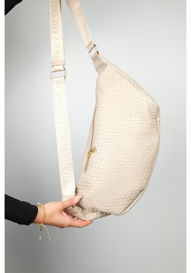 Venta Koyu Bej Örgü Kadın Büyük Bel Çantası Bej