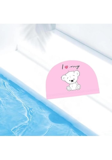 Çocuklar İçin Pembe Ayıcık Figürlü Deniz Havuz Bonesi, Likralı Bez Bone Yüzücü Deniz Bonesi, Su Spor Pembe