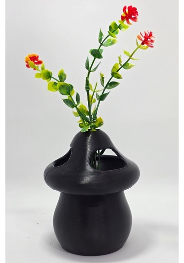 Kalemlik Siyah Sima Mantar Çiçekli Üç Gözlü Kalemlik Düzenleyici Siyah