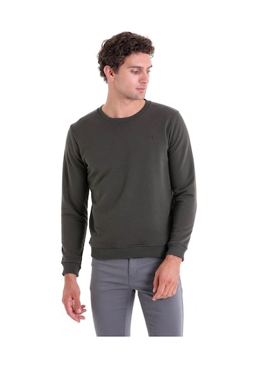 Hatemoğlu Haki Regular Fit Düz Pamuklu Bisiklet Yaka Sweatshirt Haki