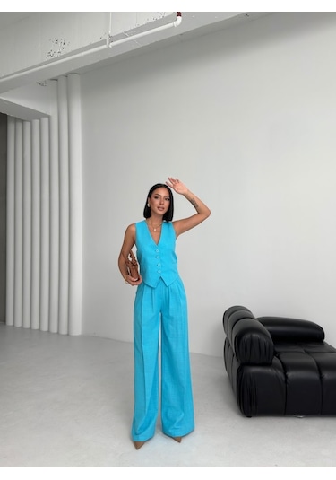 Keten Sirti Çapraz Geçi Şli Cepken Pantolon Takim Mavi