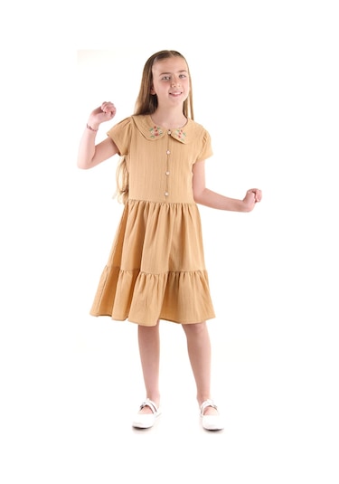 Ahengim Kız Çocuk Düğmeli Yaka Nakışlı Elbise Trend Pamuklu Pamuklu Ak2523 Kahverengi