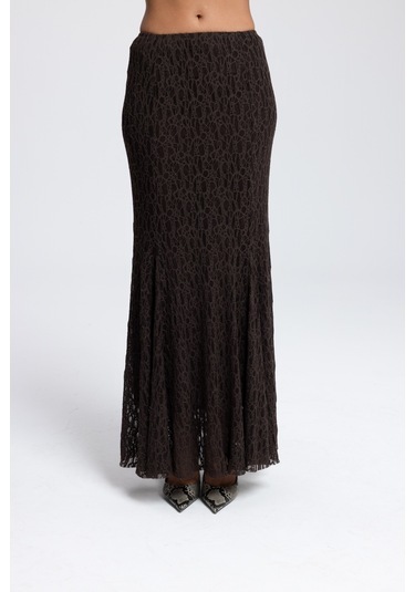 Veylia Uzun Kahve Dantel Etek Kahve