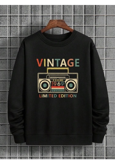 Unisex Siyah Vintage Kaset Baskılı Siyah Bisiklet Yaka Oversize Sweatshirt Siyah