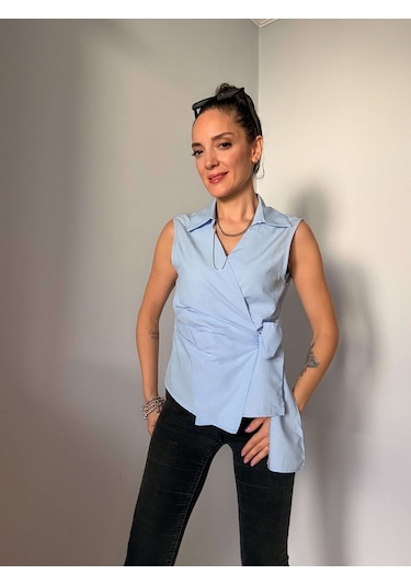 Ali Butik Mavi Sıfır Kol Poplin Gömlek Mavi