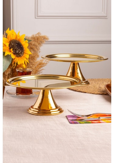 2'li Gold Yuvarlak, Ayaklı Şık Kek, Pasta, Kurabiye Ve Tatlı Servis Sunum Standı Gold