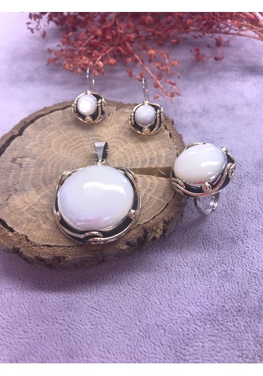 Nsa Gümüş Sedef Taşlı 925 Ayar Doğal Taş El İşi Gümüş Set