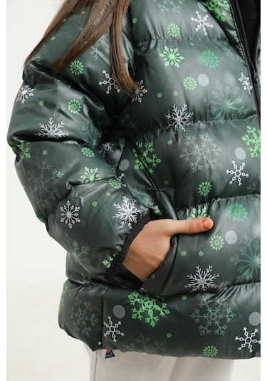 Freemen Kız Çocuk Yeşil Kar Tanesi Desen Polar Su Ve Rüzgar Geçirmez Kapüşonlu Şişme Kışlık Mont Yeşil
