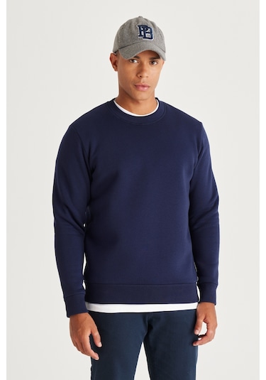 AC&Co / Altınyıldız Classics Erkek Lacı Standart Fit Normal Kesim İçi Polarlı Bisiklet Yaka Sweatshirt Lacivert