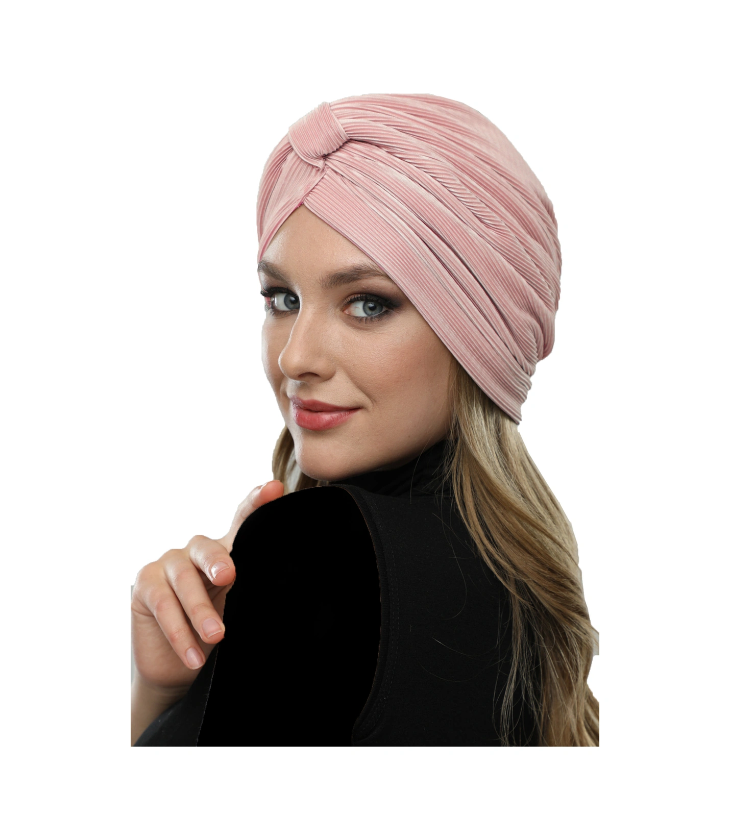 Çapraz Plise Bantlı Astarlı Pudra Hazır Türban Tesettür Havuz Bonesi Pudra
