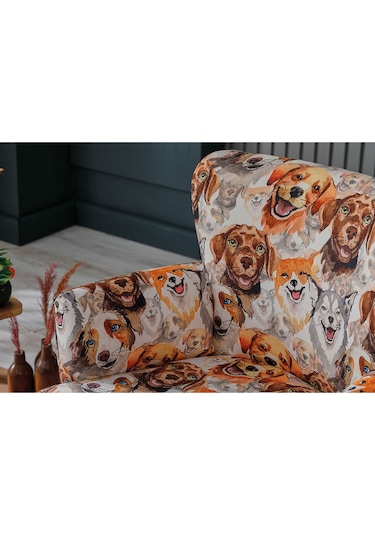 Roma Modern Tekli Koltuk Berjer - Dijital Baskılı Kumaş - Ahşap Ayak - Köpek Desen Köpekli