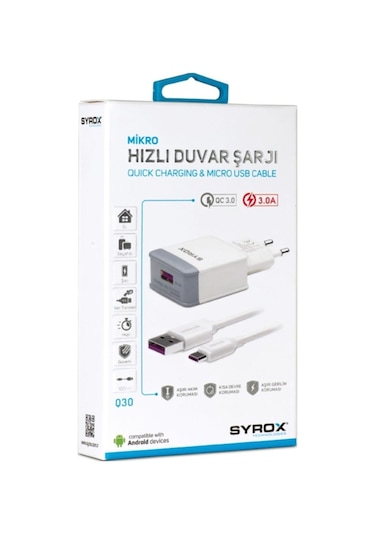 Syrox Q30 Microusb Girişli 3.0 Amper Hızlı Şarj Aleti (Beyaz) (343260010)