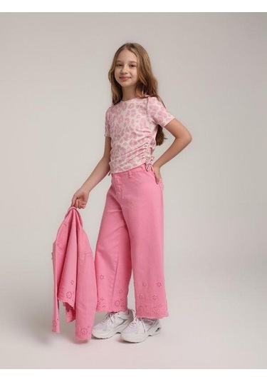 Kız Çocuk Kaşkorse Yanları Büzgülü Pempe Leoparlı Bluz-15664 Pembe