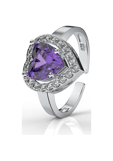 925 Ayar Ametist Taşlı Rodyum Pırlanta Işıltılı Kalp Ayarlanabilir Gümüş Yüzük Gümüş