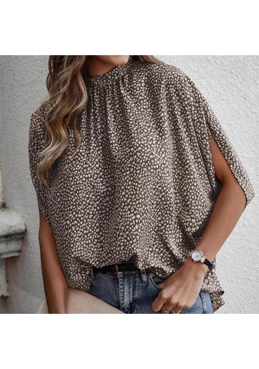 Yaz Dantel-up Leopar Baskı Batwing Kısa Kollu Bluz Zarif Gevşek Rahat Standı Yaka Gömlek Moda Şık Üstleri Kadın 25320 Siyah