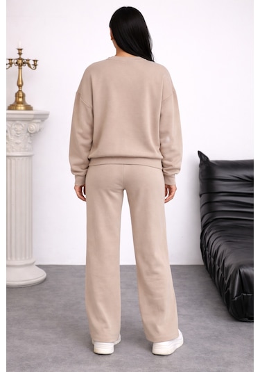 Balenbi Oversize Bisiklet Yaka Basic Modal Kadın Takım 1206 - Form Serisi Bej
