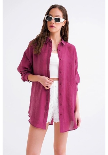 4667 Kadın İnce Oversize Modal Gömlek Bordo Bordo