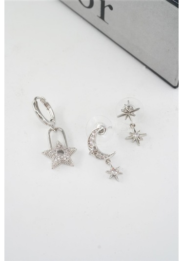 Kadın Vip Seri Zirkon Taşlı Ay Ve Yıldız Model 3'lü Küpe Seti Çok Renkli