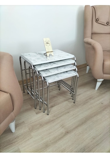 Evko Mobilya Buket Sehpa, 4'lü Zigon Sehpa, Dörtlü, Krom-b.mermer