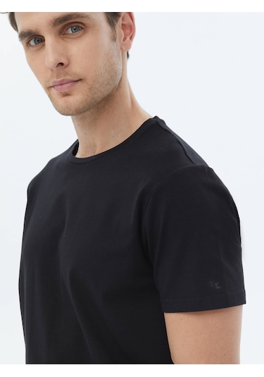 Kip Siyah Düz Bisiklet Yaka Pamuk Karışımlı T-shirt Siyah