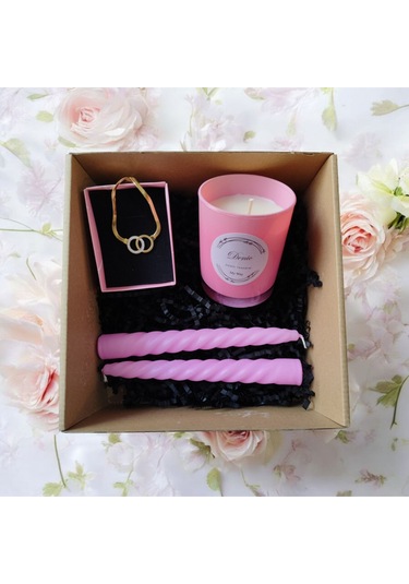 Denic Hediye Seti Kokulu Pembe Bardak Mum Halka Kolye Burgulu Mum