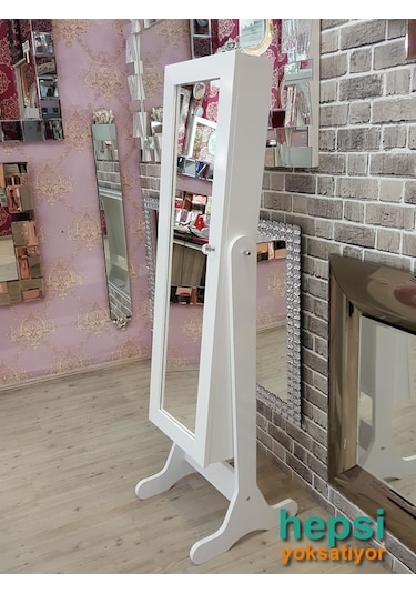 Ayna Denizi Klasik Model Beyaz Renk Ayaklı Boy Aynalı Takı Dolabı