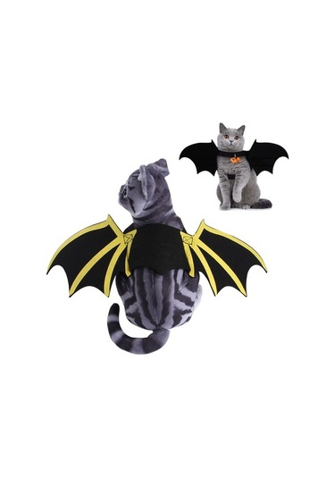 Pazly Köpek Cadılar Bayramı Kostümü - Yarasa Kanatlı Harni, Çanlı Baskılı Evcil Hayvan Kostümü Açık Mavi