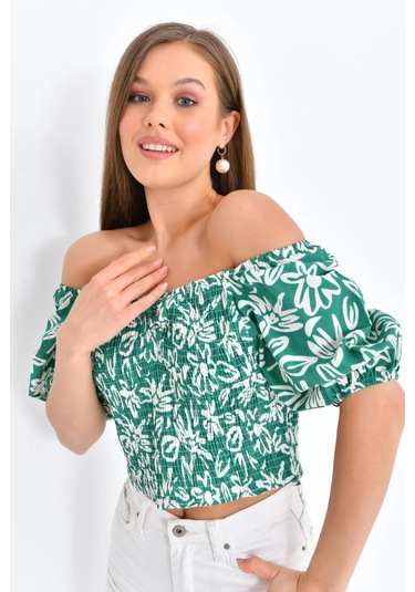 Kadın Çiçek Desenli Gipe Detay Balon Kol Crop Bluz Yeşil