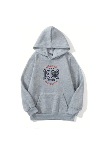Unisex Gri Kapüşonlu Sweatshirt Made İn 1988 ,şardonlu Kalın Kumaş Gri