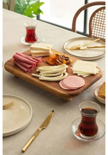 Nishev Kayın Dikdörtgen Ayaklı Kahvaltı Peynir Sunum Servis Tabağı Ahşap