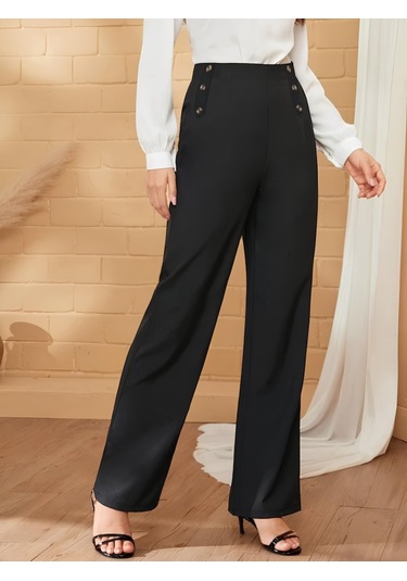 Ge Ticaret Kadın Düğme Detay Bol Paça Ithal Krep Pantolon Siyah