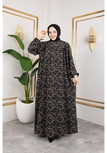 Nevayla Moda Robalı Desenli Viskon Elbise - Bej / E0126 Bej