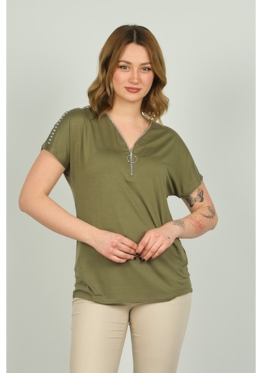 Ella Camelia Kadın Fermuarlı Kısa Kol Bluz 20e038 Haki