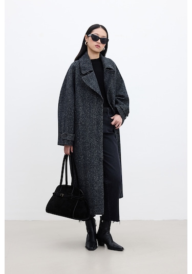 Asimetrik Kapama Kaşe Kaban Siyah Siyah