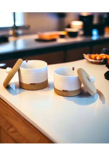 Hasır Sepet, 2'li Kapaklı Dekoratif Sepet