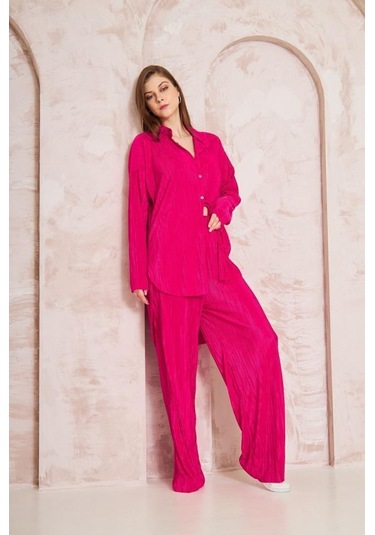 Kadın Pliseli Beli Lastikli Pantolon Tunik Gömlek Ikili Bürümcük Salaş Takım 3573300 Fuşya