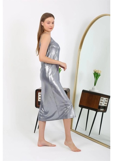 Giyim Kadın İp Askılı Uzun Parlak Micro Elbise Gecelik Gri Gri