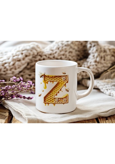 Z Harfi Bal Arısı Tasarım Kupa Bardak - Bal Ve Petek Desenli Kişiye Özel Kahve Kupası - Hediyelik Beyaz