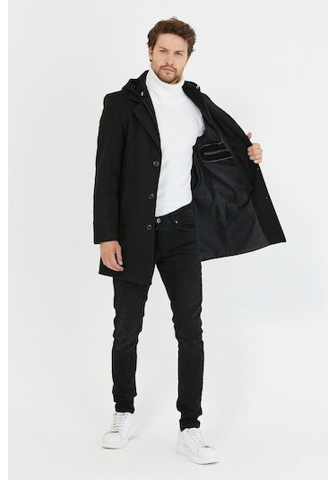 Erkek Siyah Yün Karışımlı Kaşe Kapüşonlu Önü Fermuarlı Kaban-Siyah